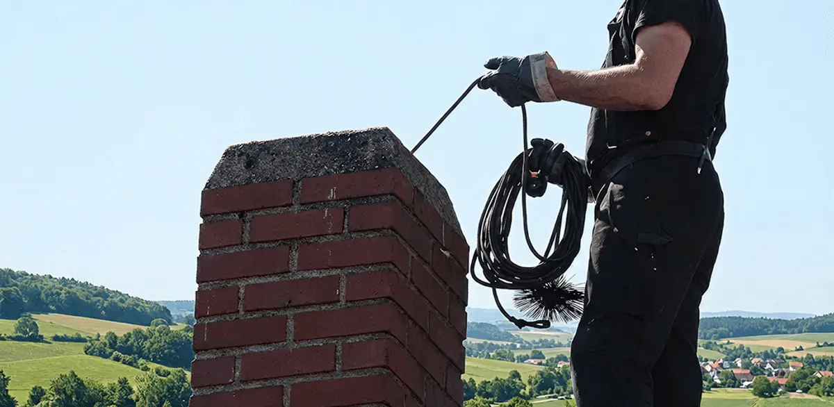 Chimney sweep inspecting and cleaning a rooftop chimney in Wilmington, NC