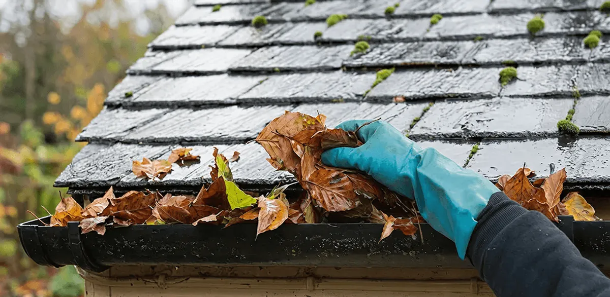 Gutter cleaning technician clearing wet leaves from roof gutters in Wilmington, NC